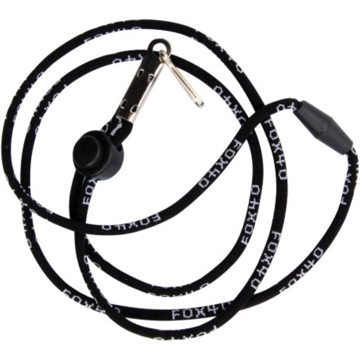 Compact safety whistle with cushioned mouth grip and attached breakaway lanyard for secure and convenient use.