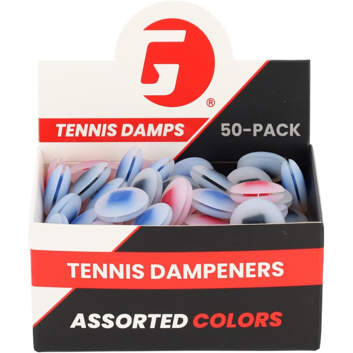 Box of button-style tennis string dampeners designed to reduce vibration and improve comfort during play, packaged in a bulk set.