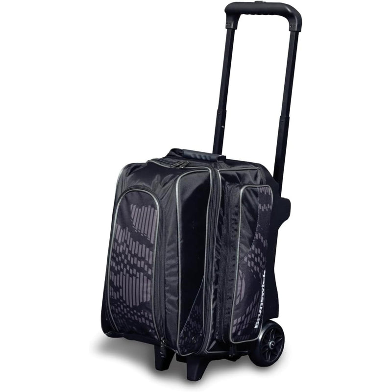 Double bowling ball roller bag with an extendable handle, smooth-rolling wheels, multiple zippered compartments, and reinforced structure for easy transport and storage of bowling gear.