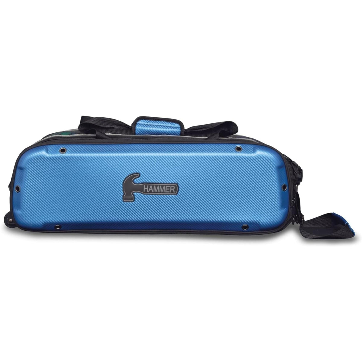 Triple bowling ball tote bag with hard shell exterior, zippered compartments, carry handles, and shoulder strap for secure storage and easy transport of bowling equipment.