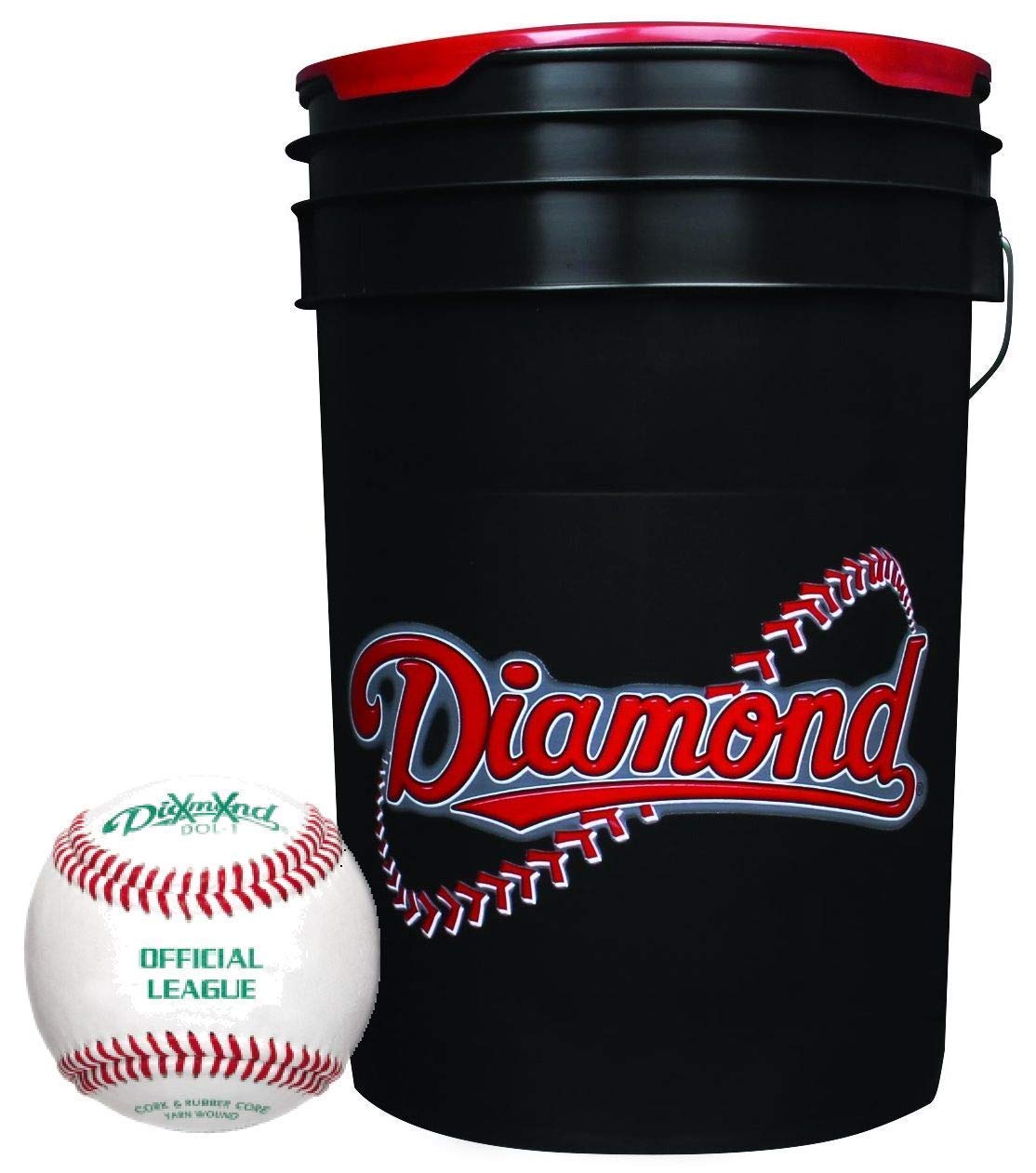 Diamond 6-Gallon Black Bucket with 30 DOL-1 Blem Baseballs - front