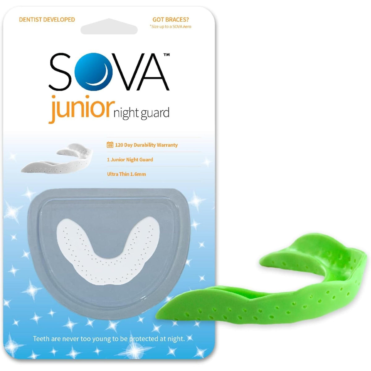 Junior dental night guard with storage case designed for protecting teeth during sleep.