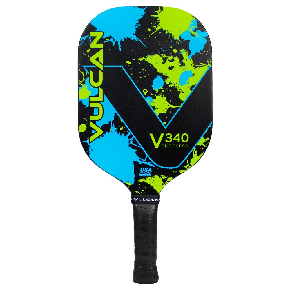 Vulcan V340 Edgeless Pickleball Paddle, Blue and Green Splatter - Front View