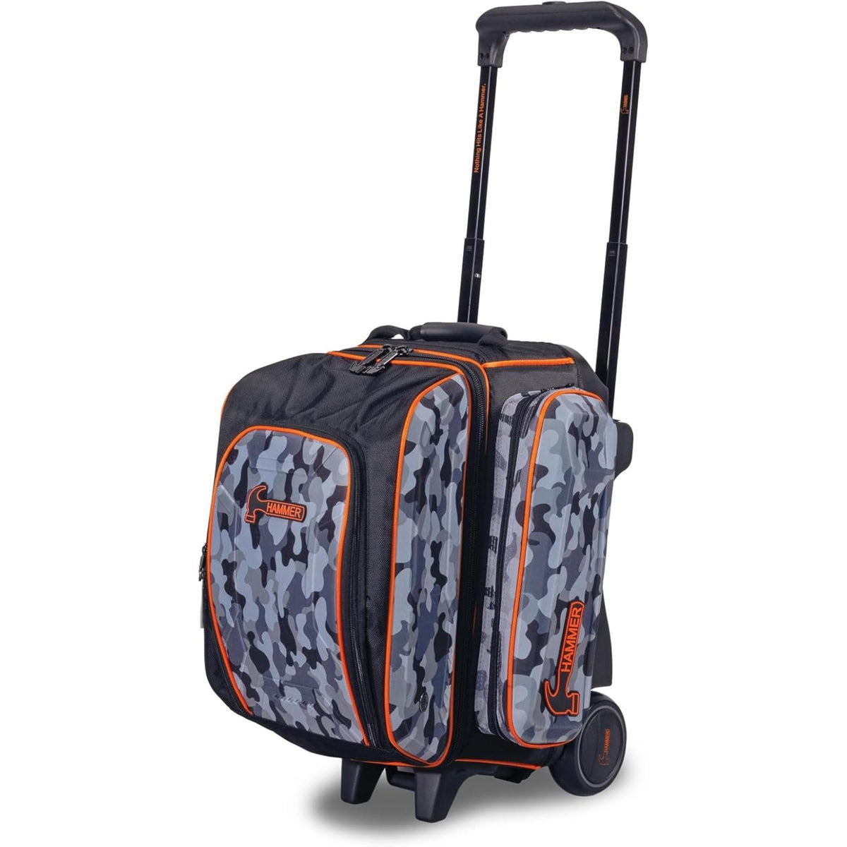 Double roller bowling bag with telescoping handle, wheels, hard shell panels, and multiple zippered compartments for secure storage and easy transport of bowling equipment.