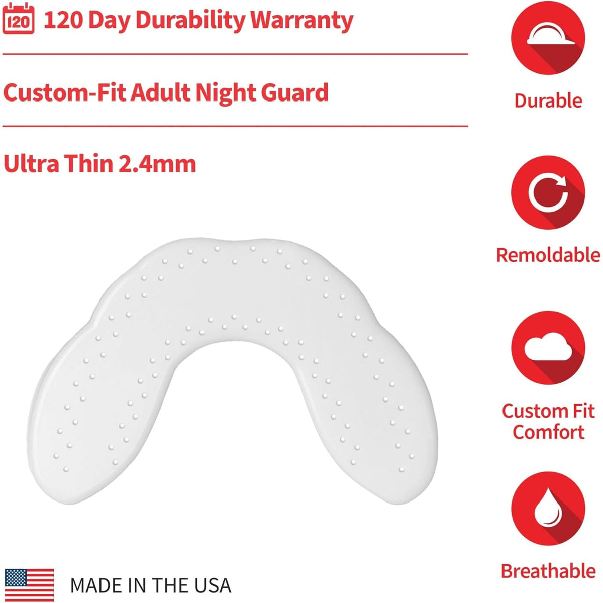 Dental night guard designed for teeth grinding protection, shown with storage case and molded guard.