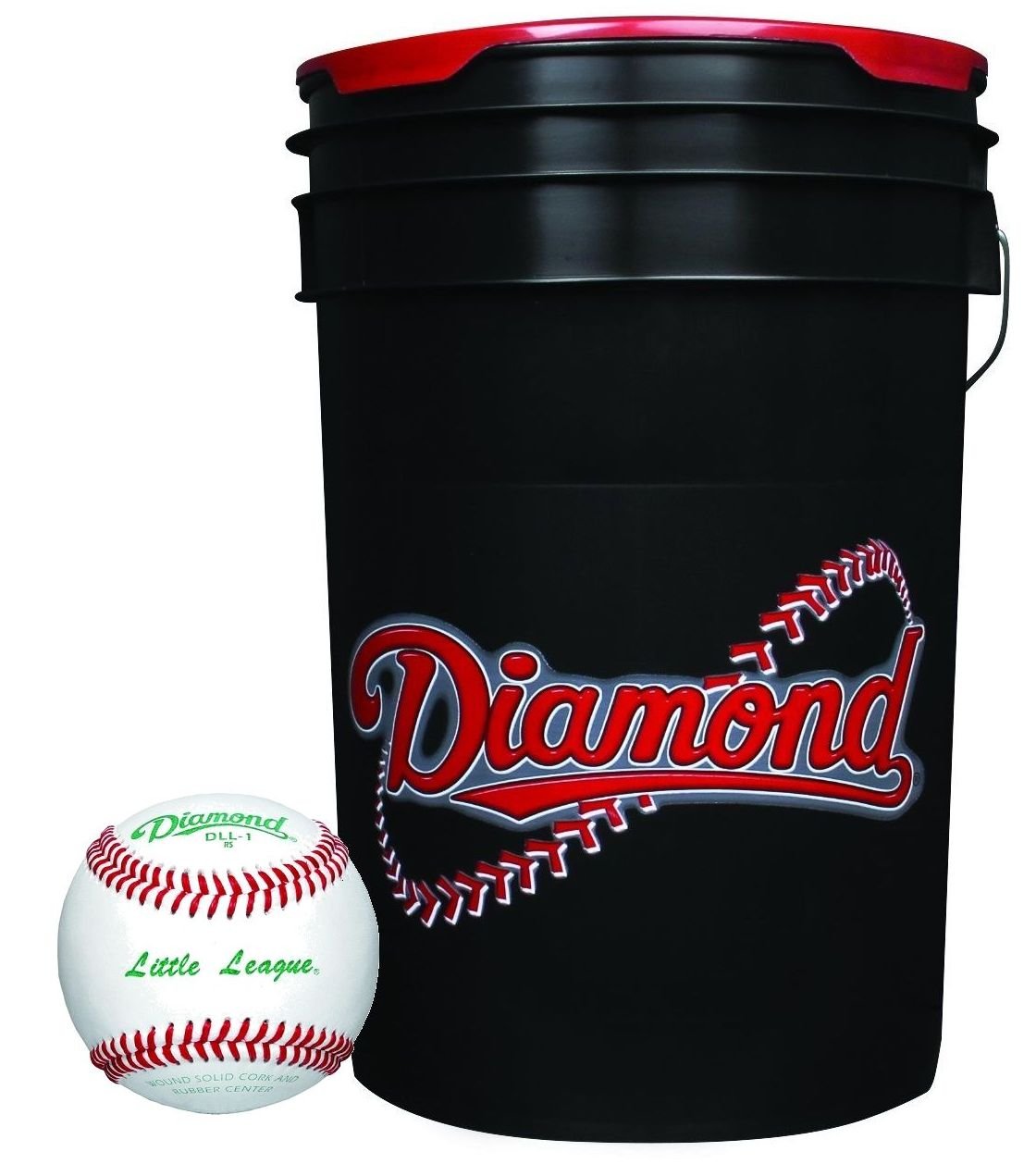 Diamond 6-Gallon Black Bucket with 30 DLL-1 Little League Baseballs - front