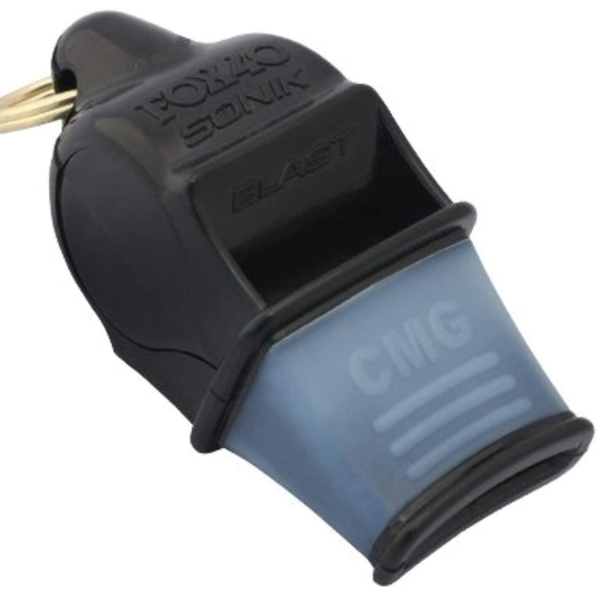 Compact safety whistle with cushioned mouth grip and attached breakaway lanyard for secure and convenient use.