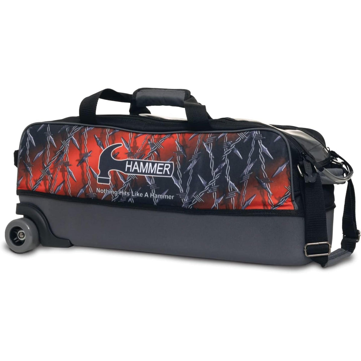 Triple bowling ball tote bag with wheels, zippered compartments, carry handles, and adjustable shoulder strap for convenient transport of bowling equipment.