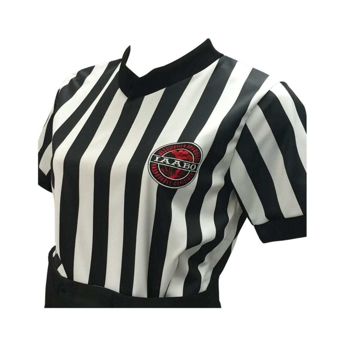Smitty I-211 IAABO Logo Women's Basketball Referee Shirt with USA Flag in Black and White - Left Sleeve Flag Front View