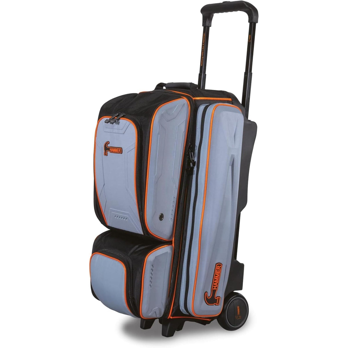 Triple roller bowling bag with telescoping handle, wheels, hard shell panels, and multiple zippered compartments for organized storage and transport of bowling balls and accessories.