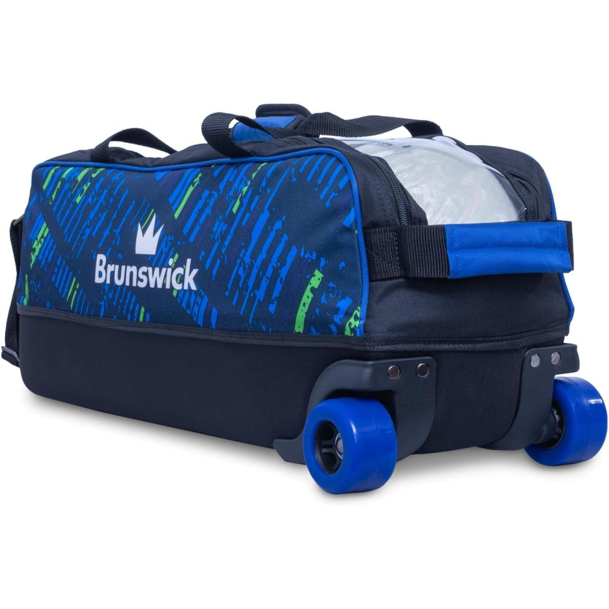 Triple bowling ball roller bag with wheels and handle, featuring multiple compartments, zippered storage pockets, and reinforced straps for easy transport and organization of gear.