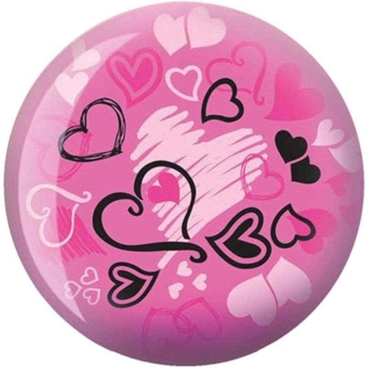 Bowling ball featuring a playful design with multiple heart shapes in varying sizes and styles scattered across the surface.