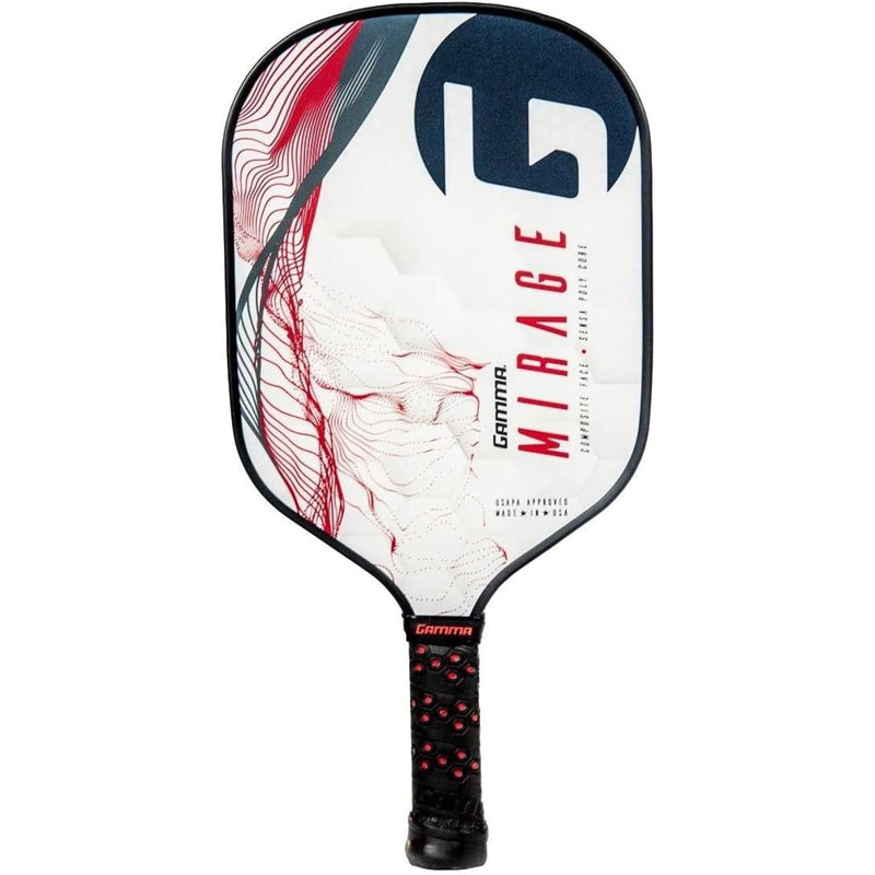 Pickleball paddle with a wide face and cushioned grip, designed for control and performance during gameplay.