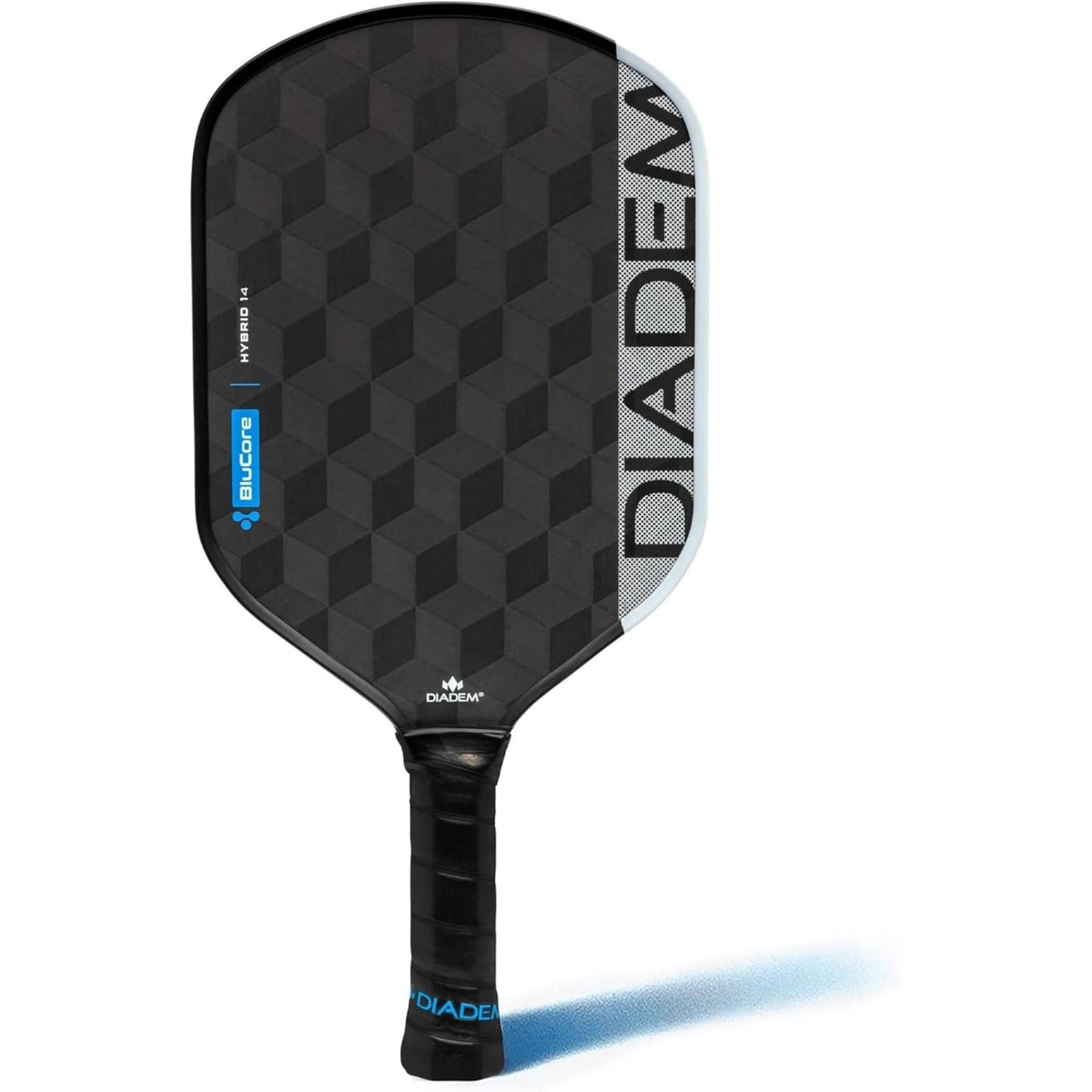 Diadem Edge BluCore Hybrid pickleball paddles featuring a carbon fiber face with geometric pattern, shown stacked with handles visible and product detail graphic.