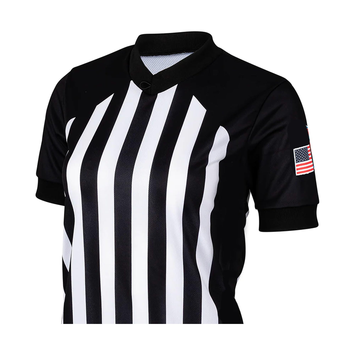 Smitty USA-226 Women's Collegiate Basketball Referee Shirt with USA Flag in Black and White - Mesh Front View