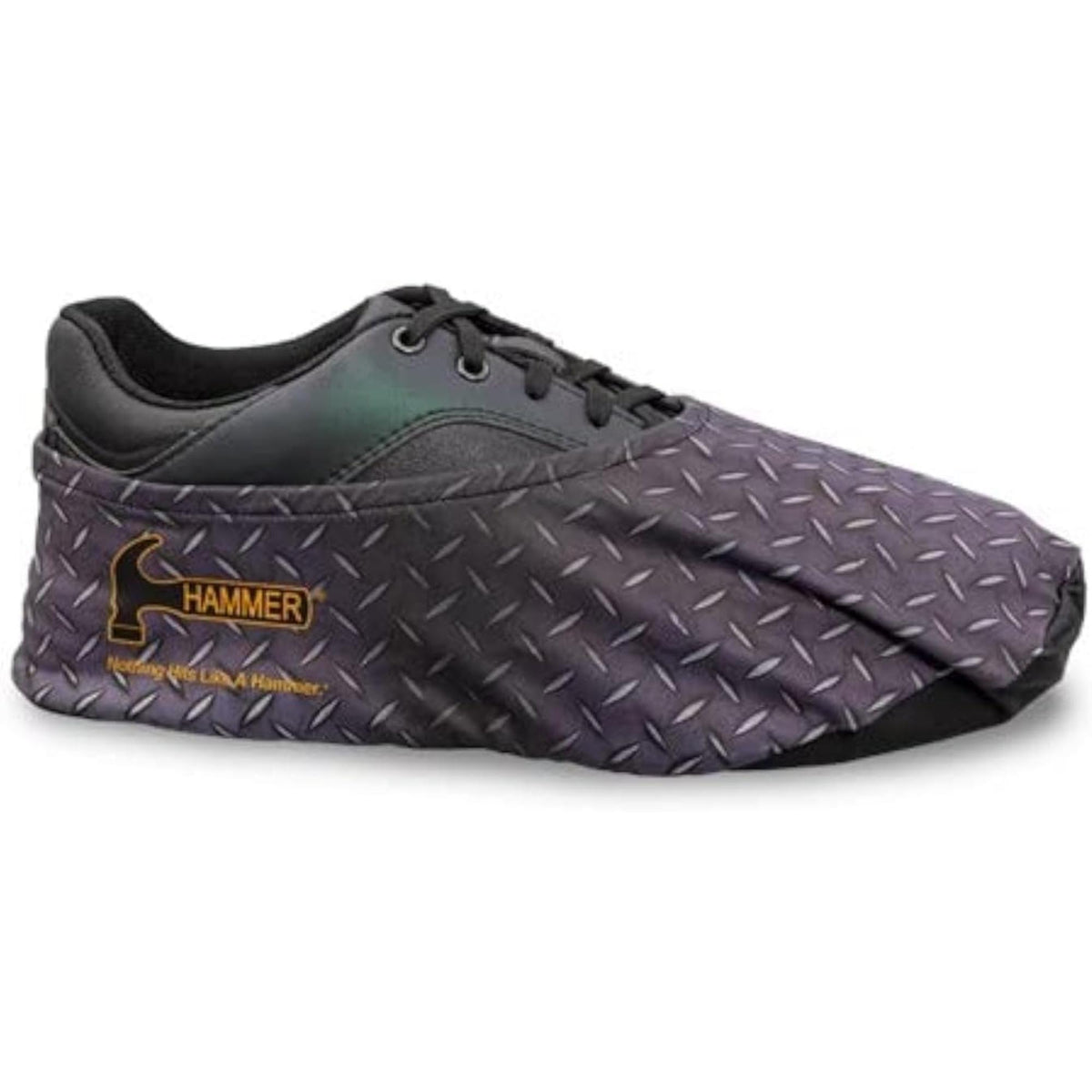 Slip-on bowling shoe covers with a textured outer surface designed to protect shoes and provide traction when walking off the lanes.