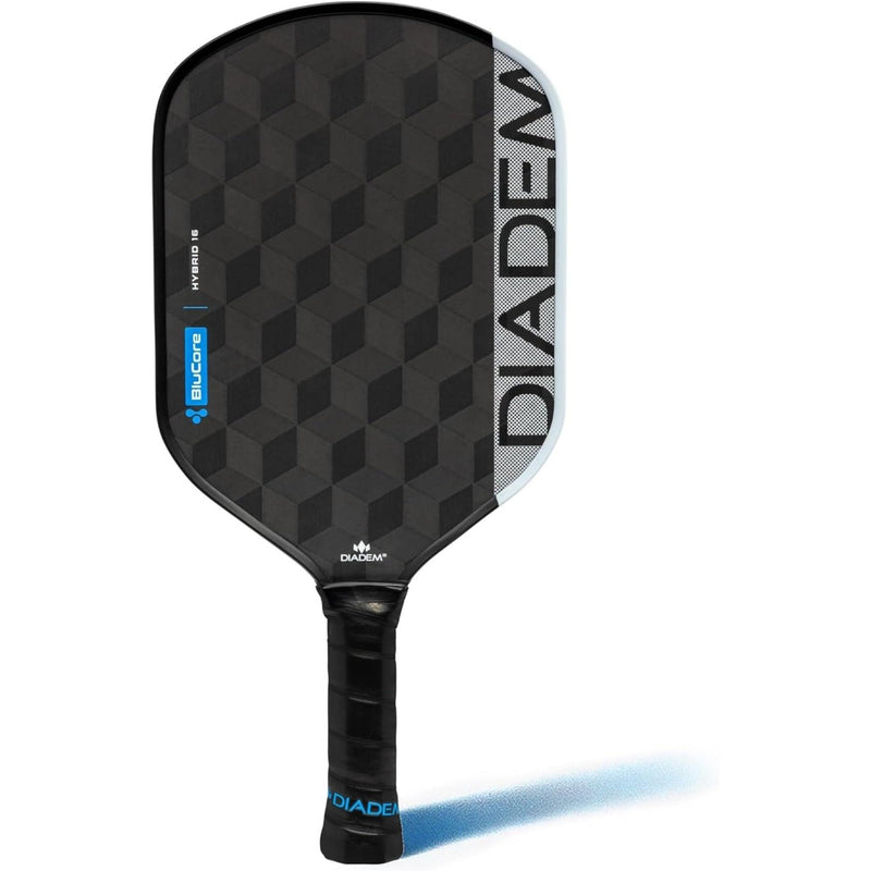 Diadem Edge BluCore Hybrid pickleball paddles featuring a carbon fiber face with geometric pattern, shown stacked with handles visible and product detail graphic.