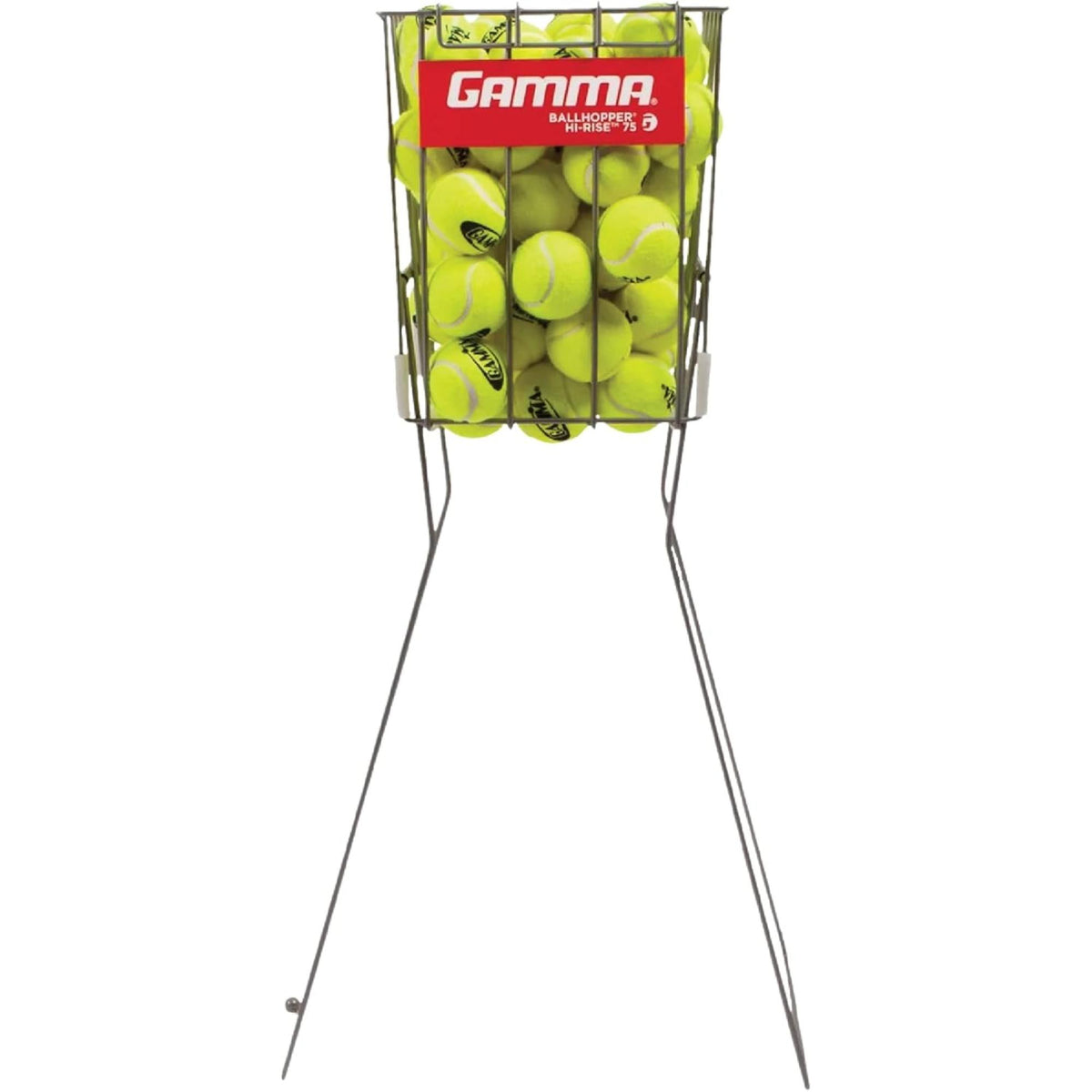 Ball hopper basket with a wire frame and elevated stand, filled with balls for easy access and organized storage during practice.