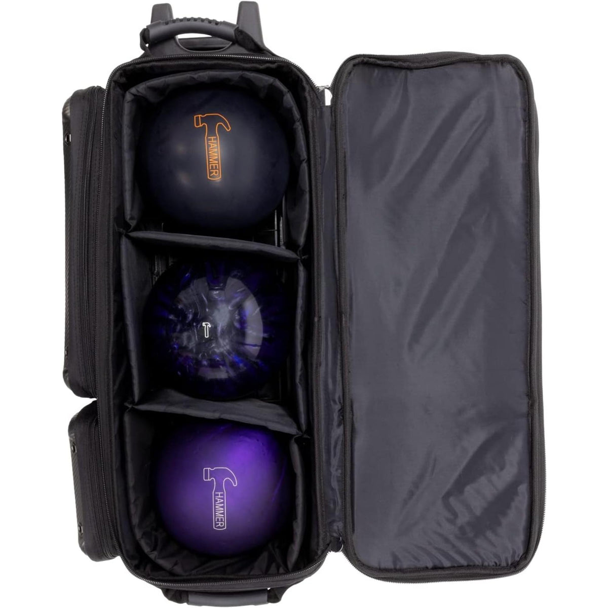 Triple roller bowling bag with hard shell exterior, telescoping handle, wheels, and multiple zippered compartments for secure storage and easy transport of bowling equipment.