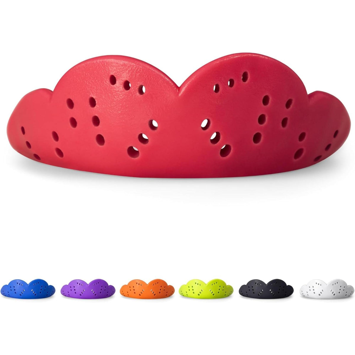 Heavy-duty sports mouthguard with contoured shape and multiple ventilation holes for enhanced protection and airflow during athletic activities.