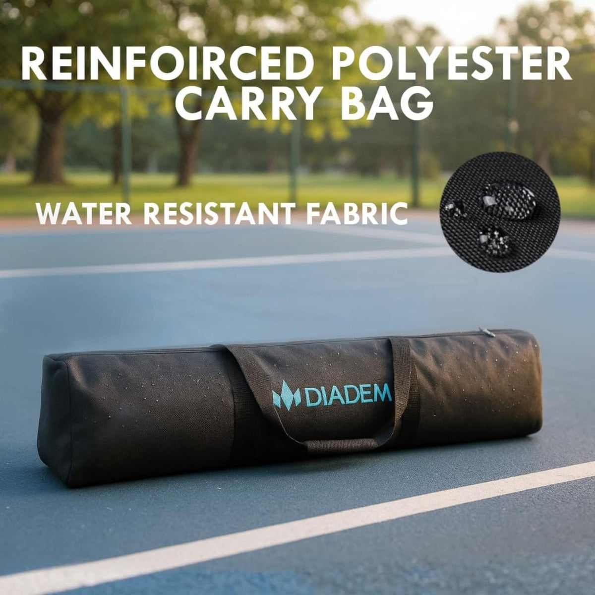 Portable rollout pickleball or junior tennis net system with full-width net, support frame, and feature highlights including roll-up design, knotless netting, foam brackets, extension support, and durable joints.