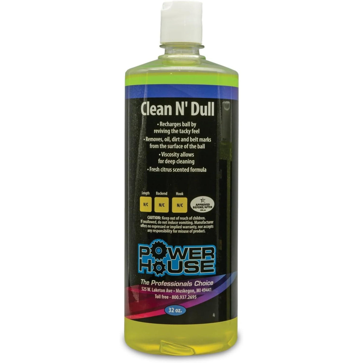 Bottle of bowling ball cleaner solution designed to remove oil, dirt, and residue while restoring surface tackiness for improved performance.