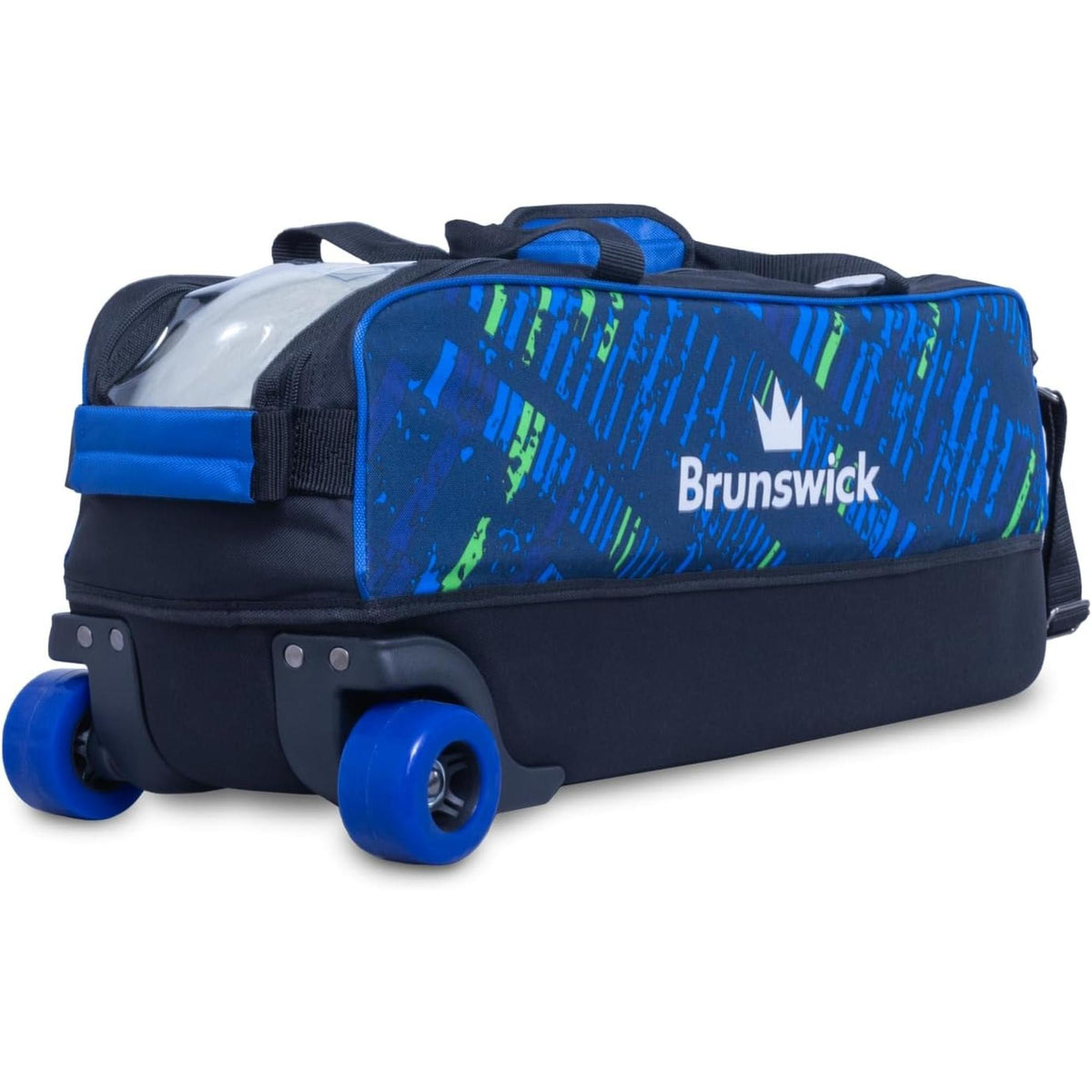 Triple bowling ball roller bag with wheels and handle, featuring multiple compartments, zippered storage pockets, and reinforced straps for easy transport and organization of gear.