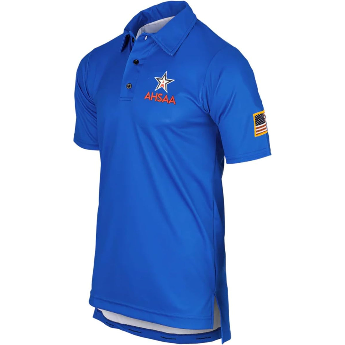 Blue polo shirt with AHSAA logo on a white background