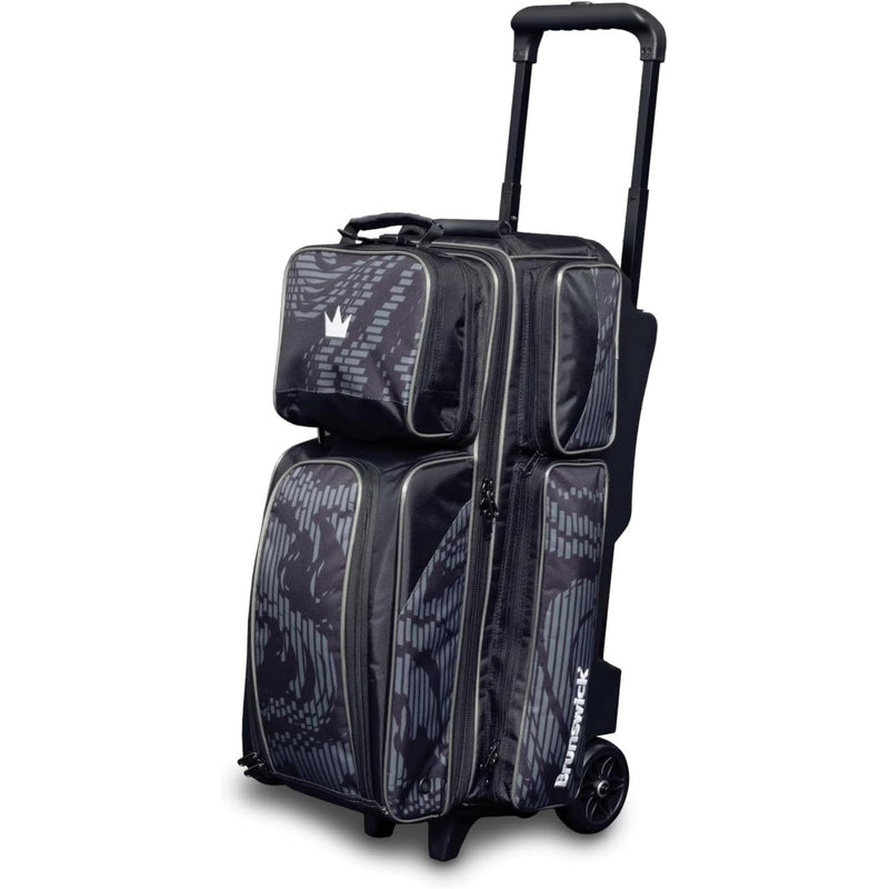 Triple bowling ball roller bag with an extendable handle, durable wheels, multiple zippered compartments, and structured design for organized transport of bowling balls and accessories.