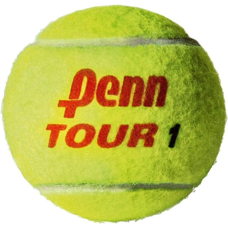 Case of Penn Tour regular duty felt tennis balls in multiple cans arranged together.