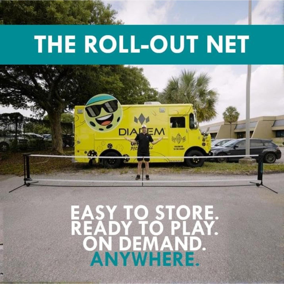 Portable rollout pickleball or junior tennis net system with full-width net, support frame, and feature highlights including roll-up design, knotless netting, foam brackets, extension support, and durable joints.
