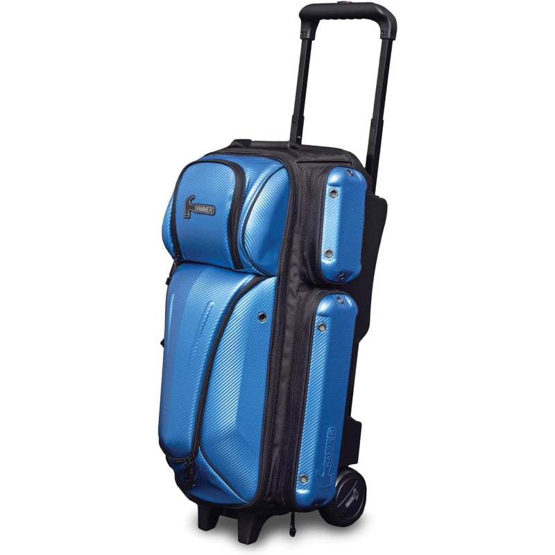 Triple roller bowling bag with hard shell exterior, telescoping handle, wheels, and multiple zippered compartments for secure storage and easy transport of bowling equipment.