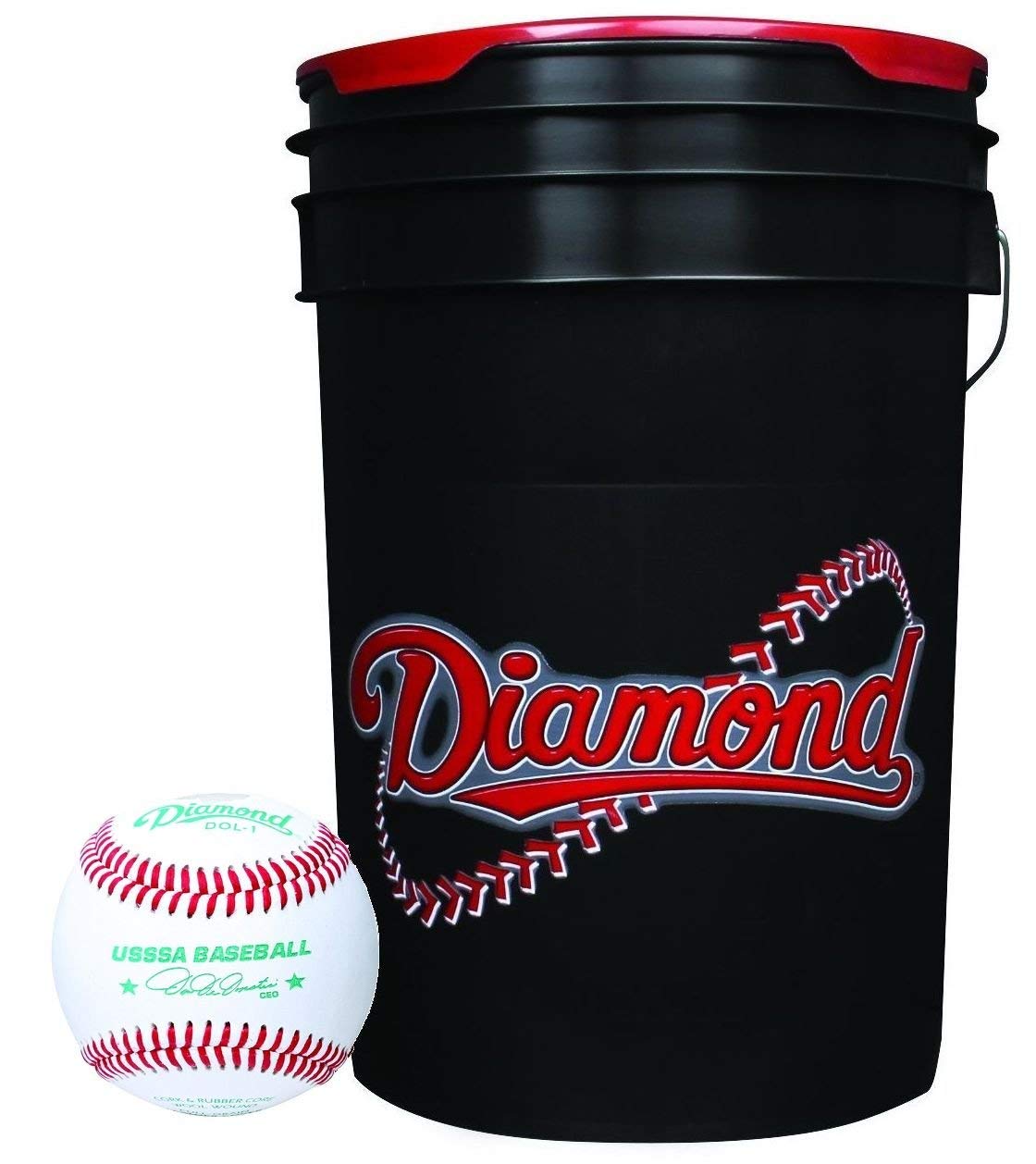 Diamond 6-Gallon Black Bucket with 60 DOL-1 USSSA Baseballs - front