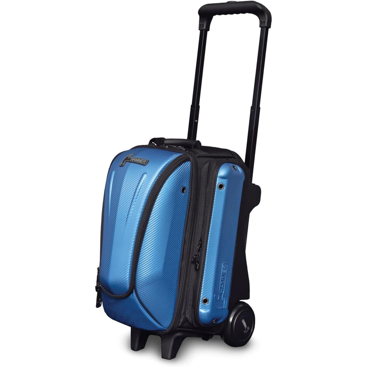 Double roller bowling bag with hard shell exterior, telescoping handle, wheels, and multiple zippered compartments for secure storage and easy transport of bowling equipment.