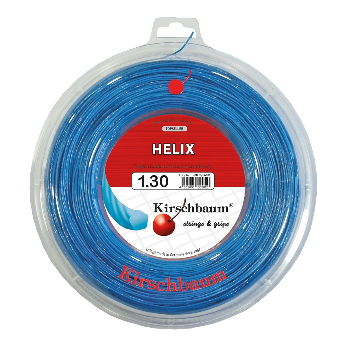 Kirschbaum Helix Blue Tennis String Reel, 660 ft in 1.30mm / 16G - Front View