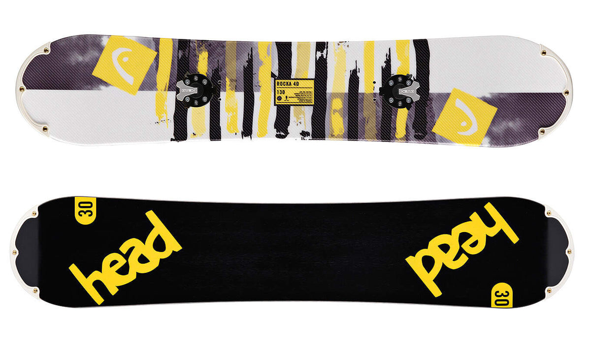 HEAD ROCKA 4D Junior Snowboard with Speed Disc, 130 cm in Yellow - top and base view