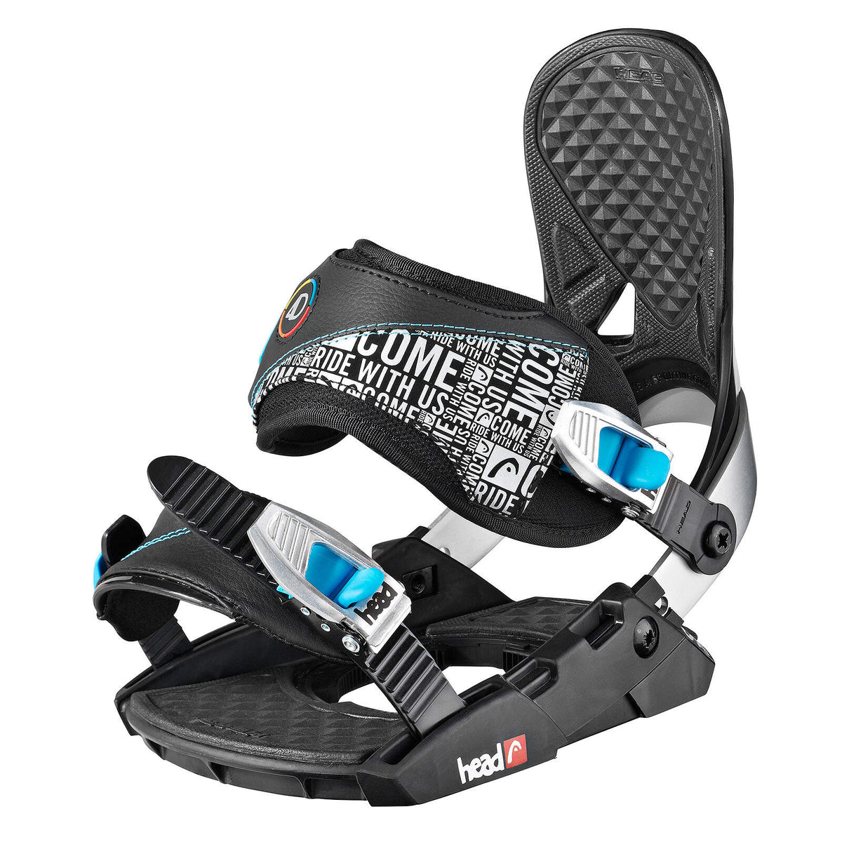 HEAD P THREE 4D Snowboard Bindings, Black in Black/Blue - front angle view
