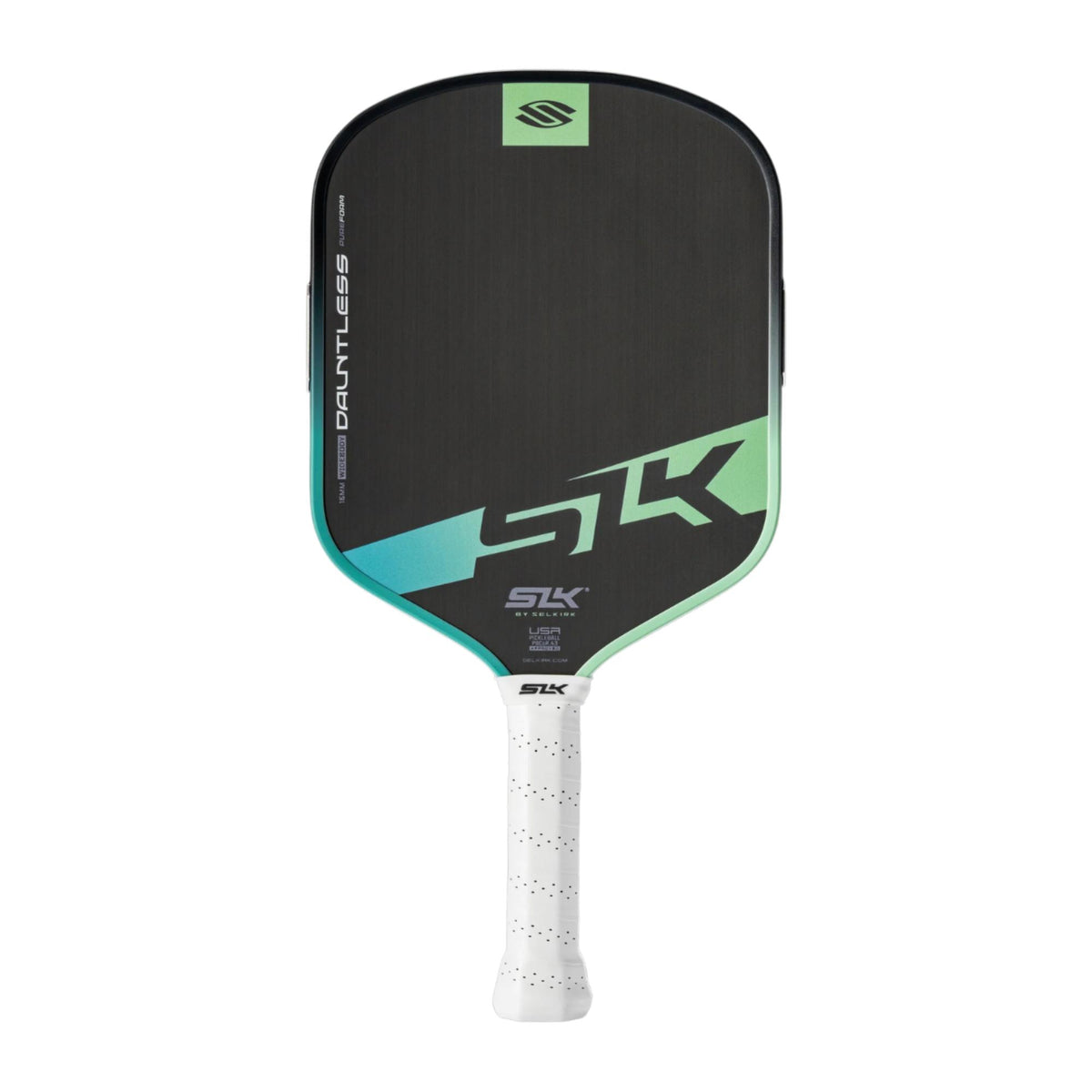 Selkirk SLK Dauntless pickleball paddle with a textured face, wide body design, and perforated grip handle for enhanced control and feel.