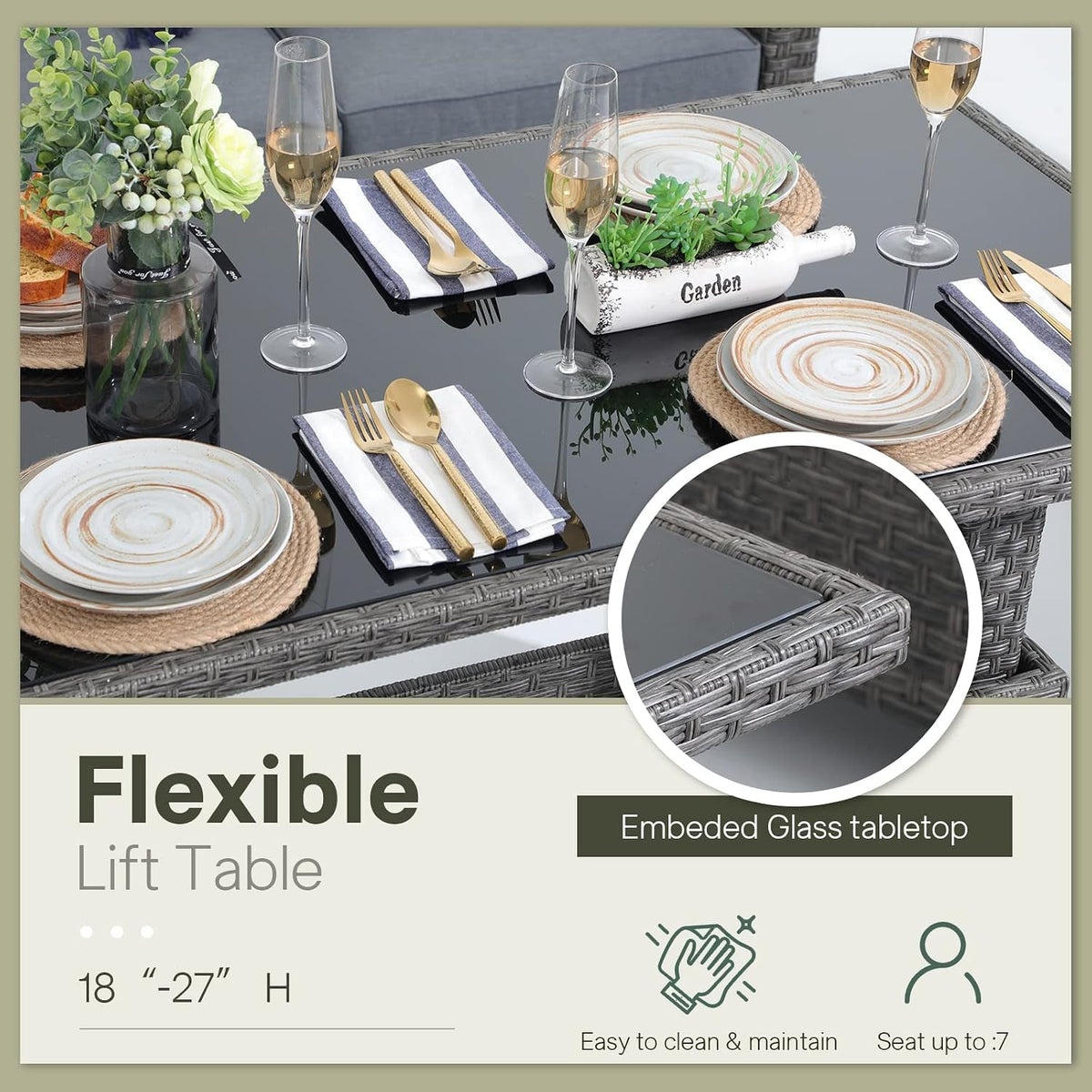 Rectangular Lift-Top Outdoor Table, Grey Resin Wicker with Glass Top - View 8