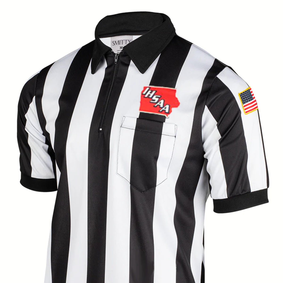 Smitty Iowa IHSAA Logo Football Referee Shirts in Black and White - Mesh Front View