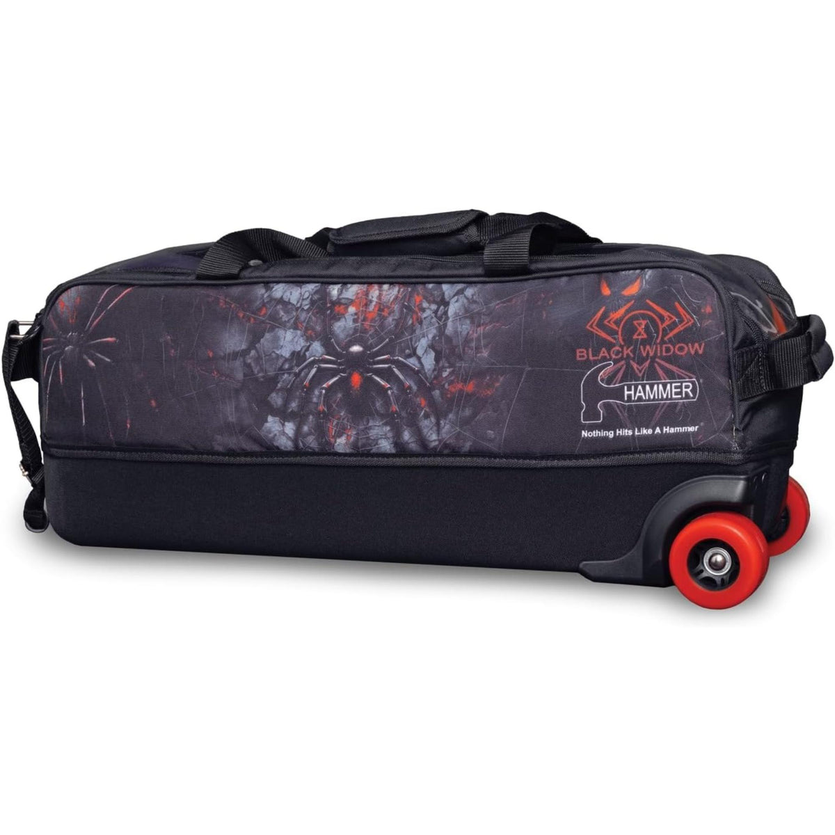 Triple bowling ball tote bag with wheels, multiple zippered compartments, carry handles, and durable construction for easy transport of bowling equipment.