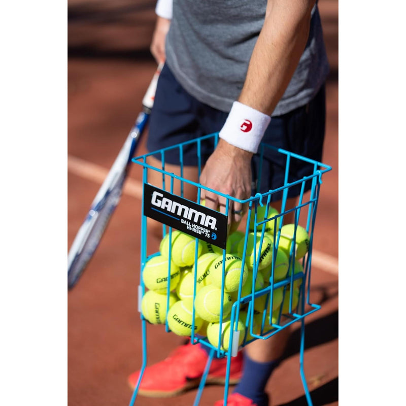 Portable tennis ball hopper basket with stand, designed for easy storage, transport, and convenient access to multiple tennis balls during practice.