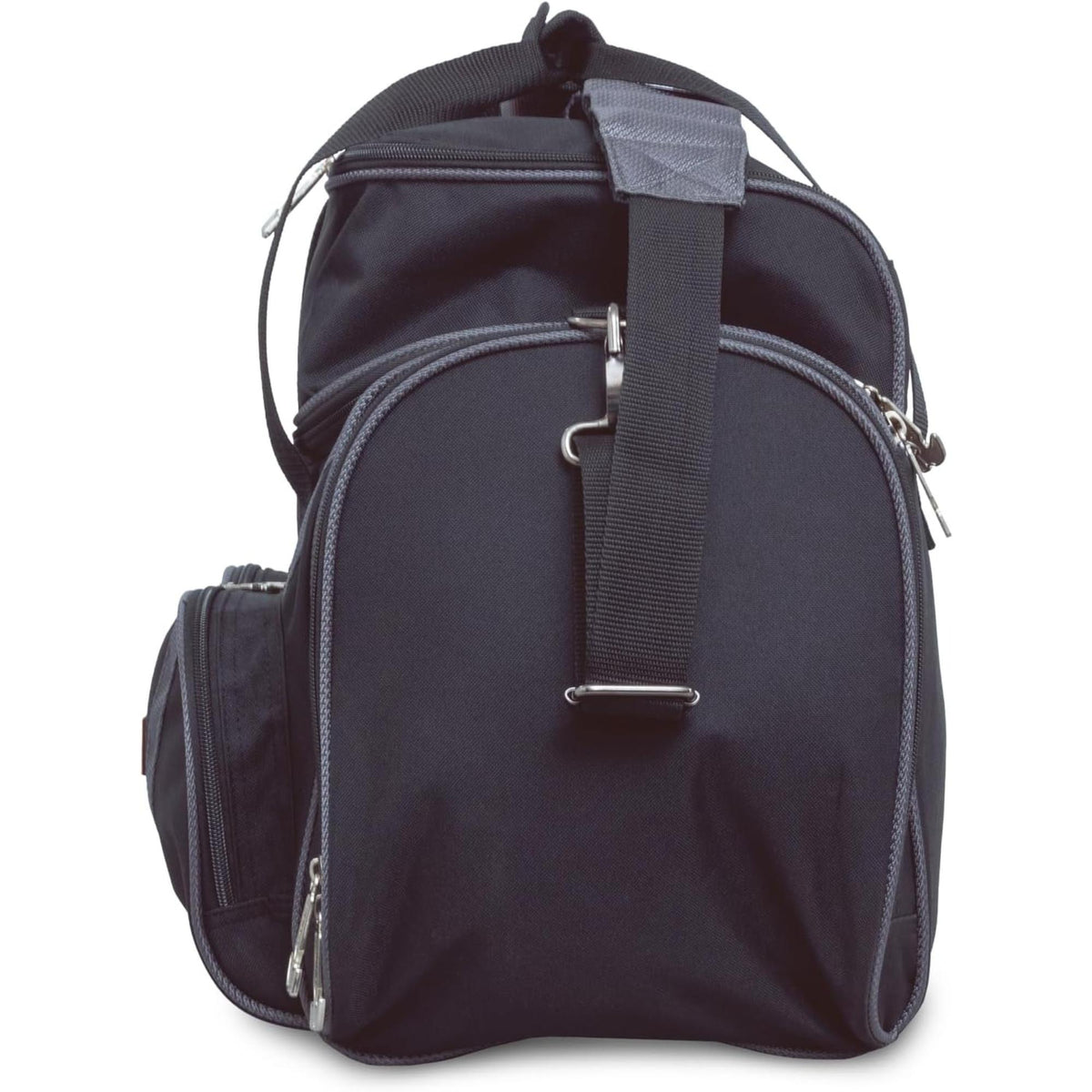 Double tote bowling bag with carrying handles, shoulder strap, and multiple zippered compartments for transporting two bowling balls and accessories.