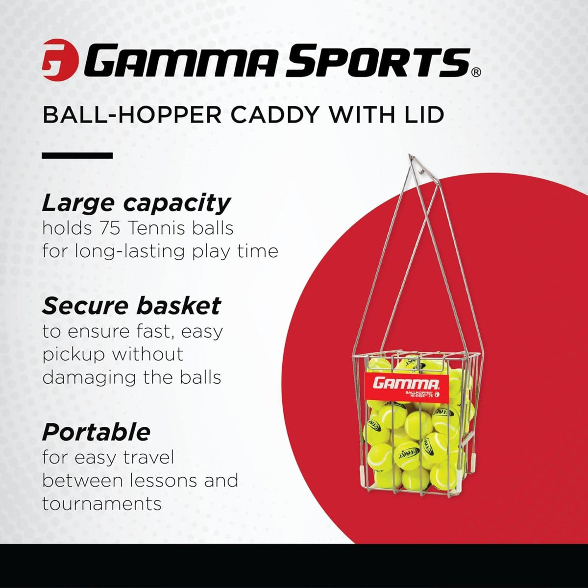 Ball hopper basket with a wire frame and elevated stand, filled with balls for easy access and organized storage during practice.