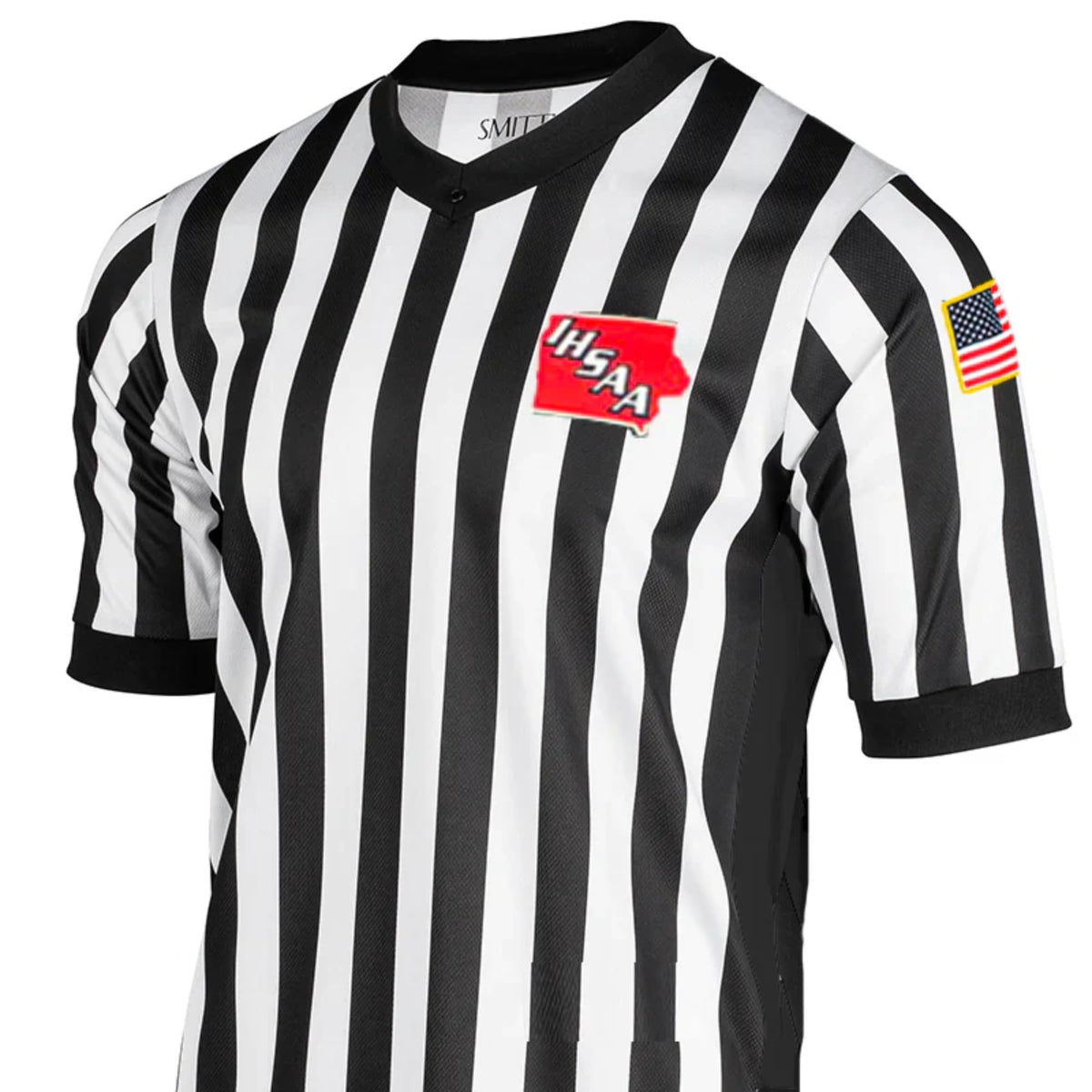 Smitty USA-201IA Iowa IHSAA Logo Men's Basketball Referee Shirt with Side Panel in Black and White - Front View