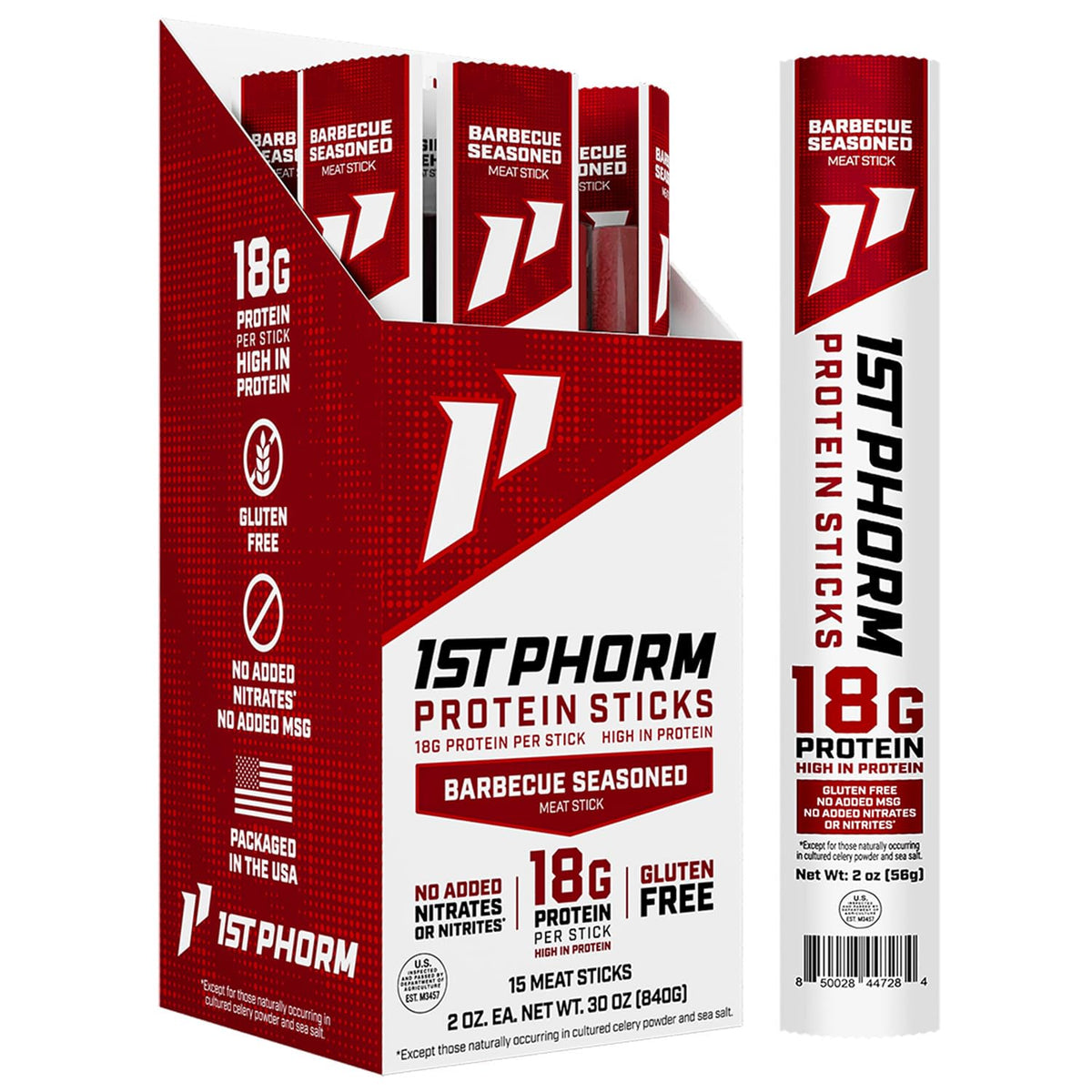 1st Phorm Protein Sticks, Barbecue Seasoned, 18g Protein, 15 Count - view 1