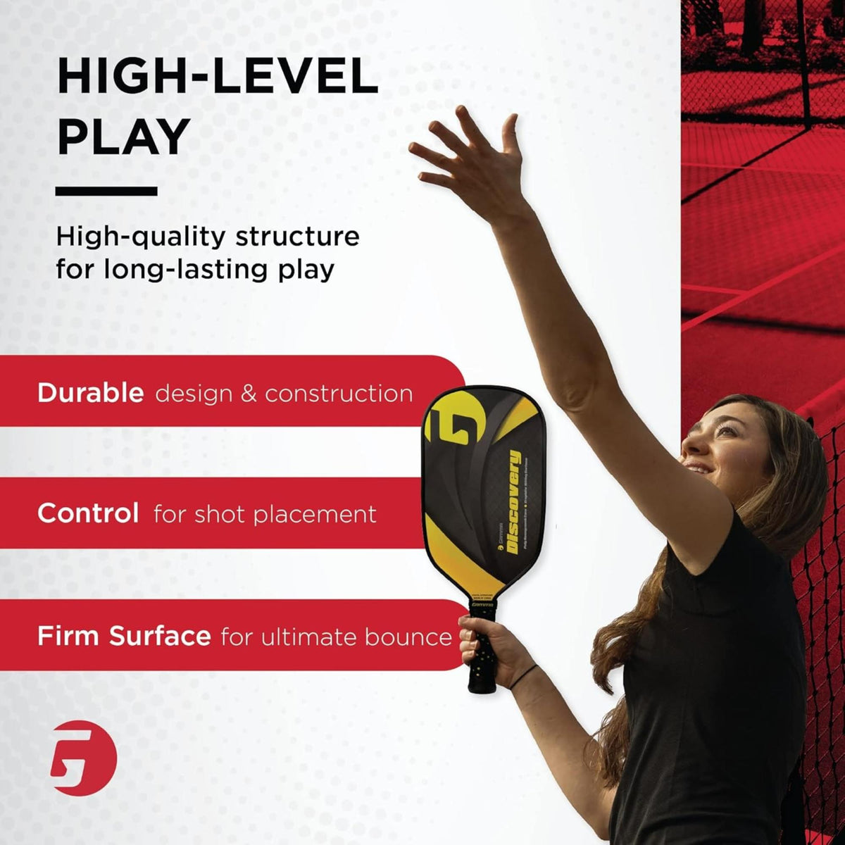 Pickleball paddle with a wide composite face, perforated surface pattern, and cushioned grip handle designed for control and durability.