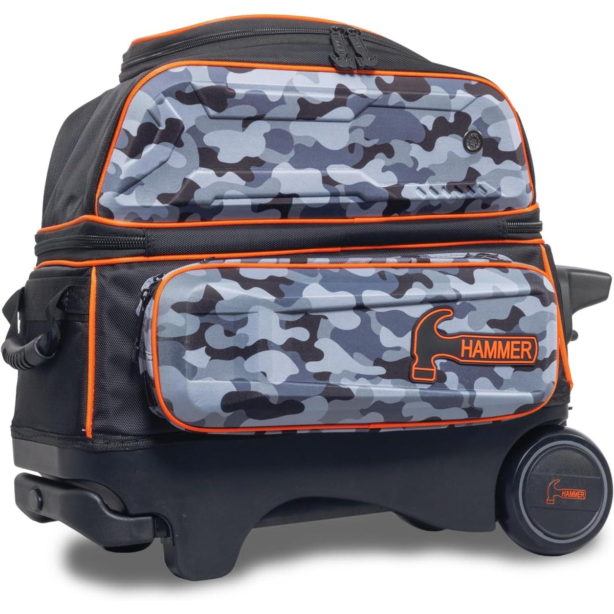Double roller bowling bag with telescoping handle, wheels, hard shell panels, and multiple zippered compartments for secure storage and easy transport of bowling equipment.