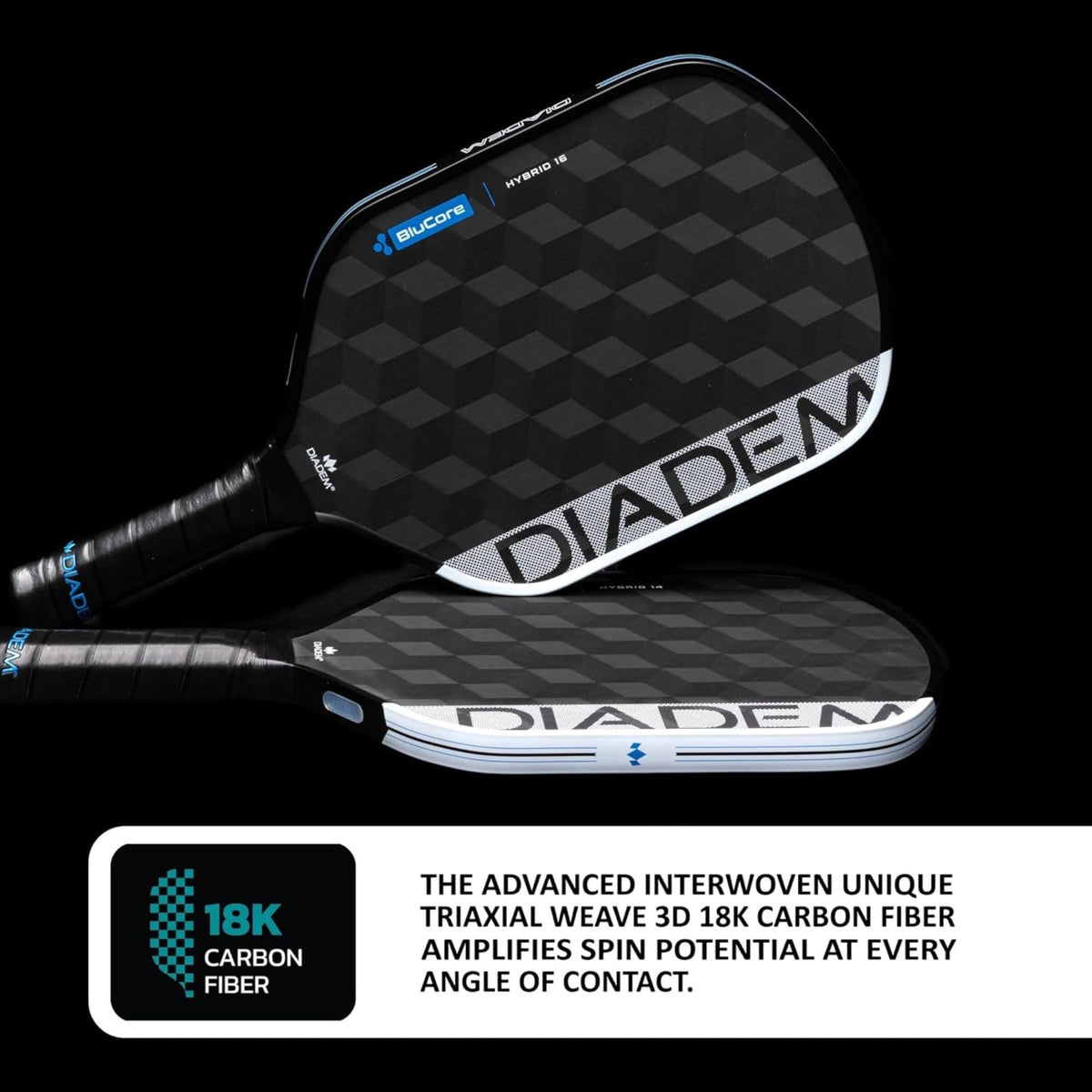 Diadem Edge BluCore Hybrid pickleball paddles featuring a carbon fiber face with geometric pattern, shown stacked with handles visible and product detail graphic.
