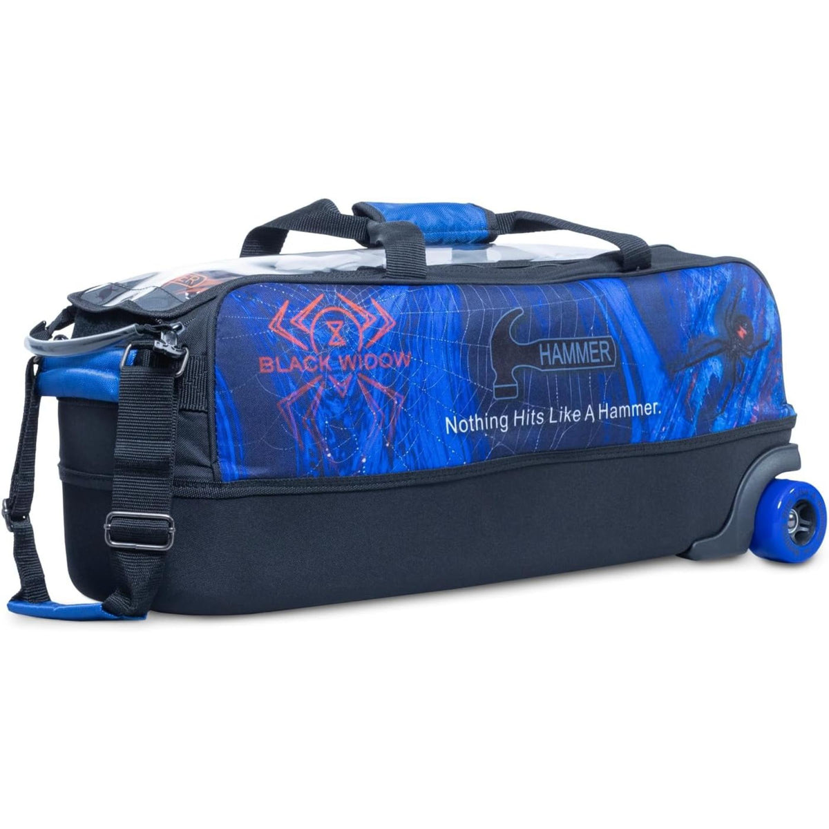 Triple bowling ball tote bag with wheels, multiple zippered compartments, carry handles, and adjustable shoulder strap for easy transport of bowling equipment.